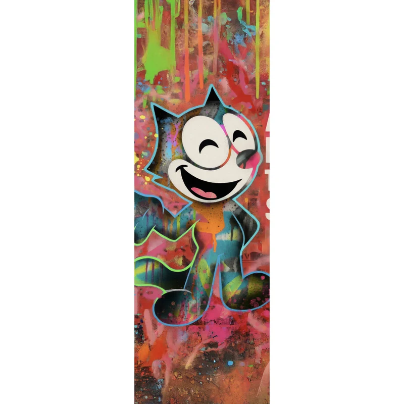 Leinwandbild Cartoon Katze mit buntem Farbspritzer Hintergrund Panorama Hoch