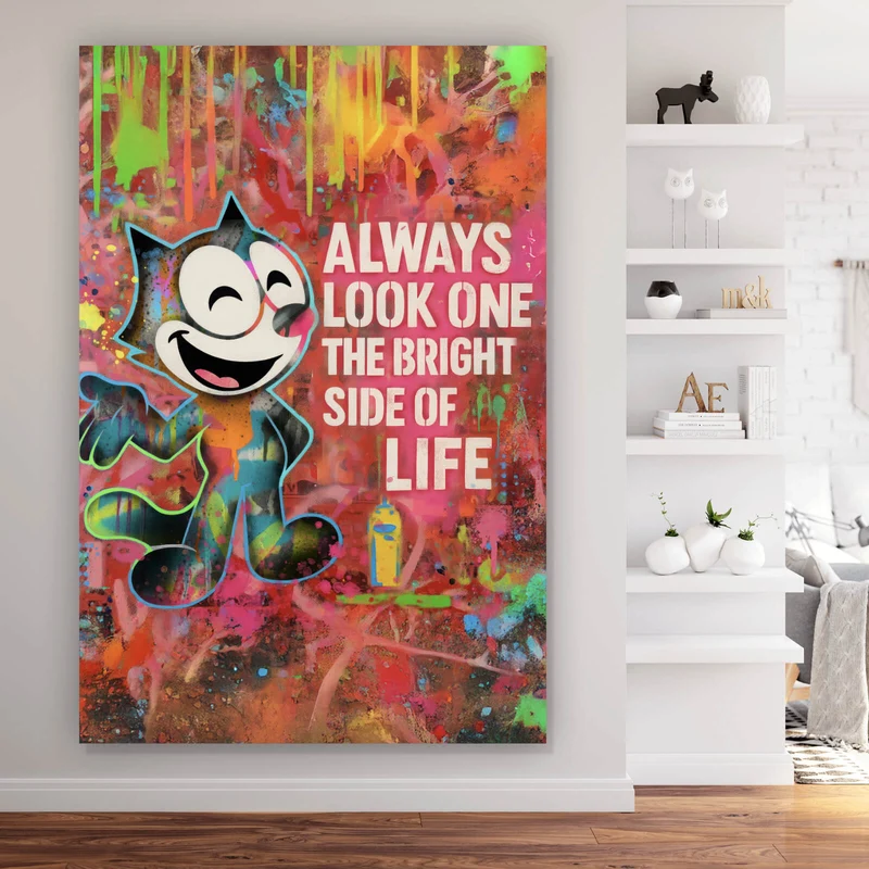 Spannrahmenbild Cartoon Katze mit buntem Farbspritzer Hintergrund Hochformat