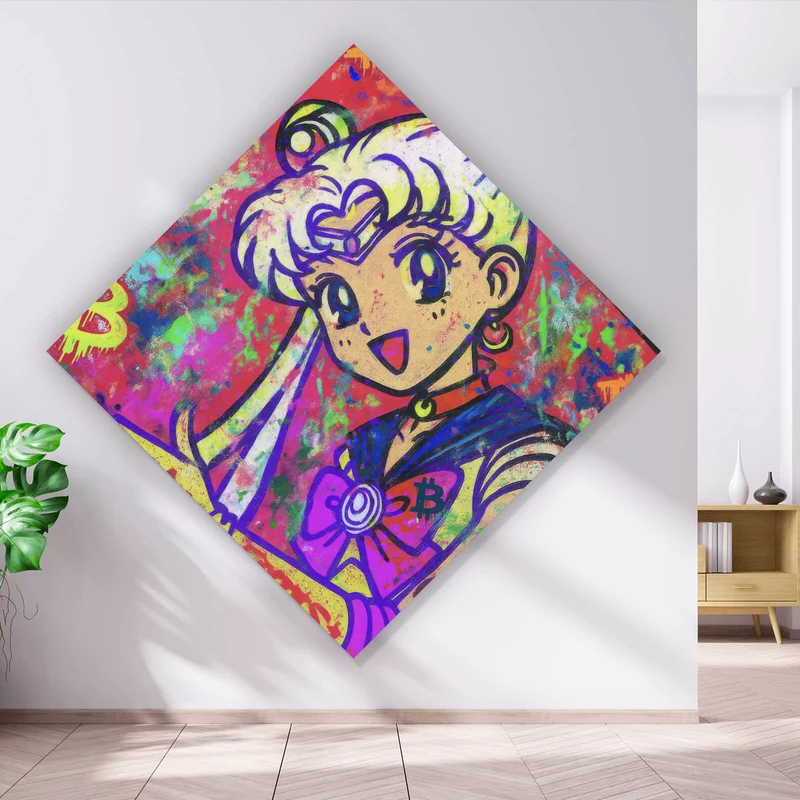Acrylglasbild Bitcoin buntes Pop Art to the Moon Raute