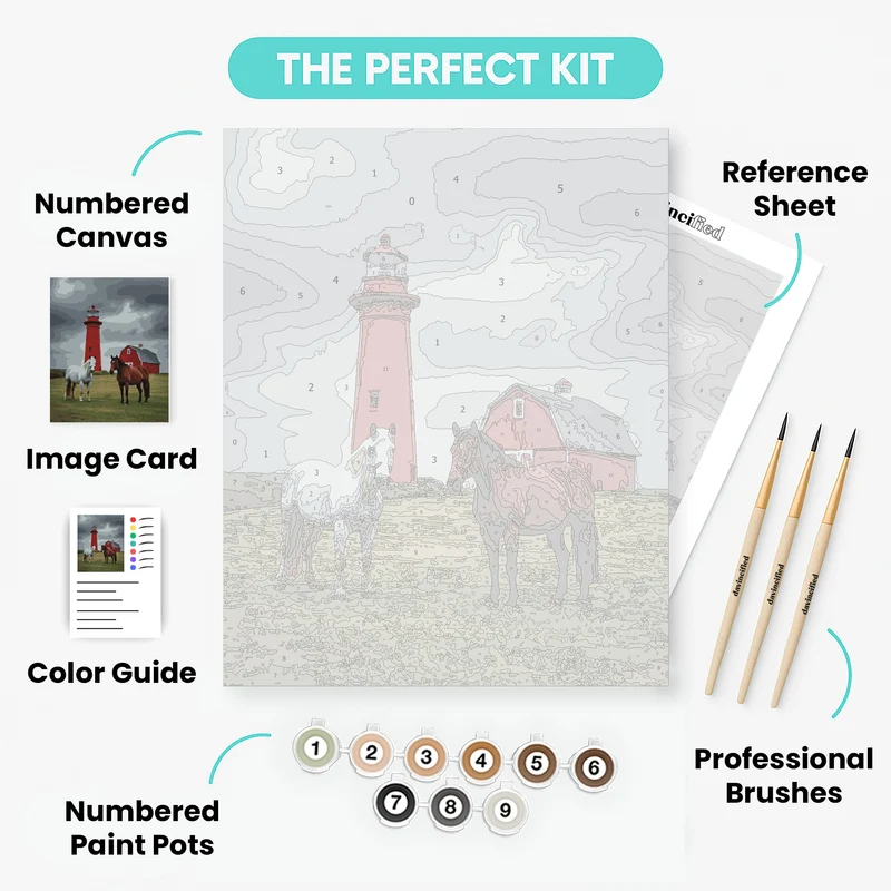 Lighthouse and Horses in Pastoral Setting - Paint by Numbers Kit