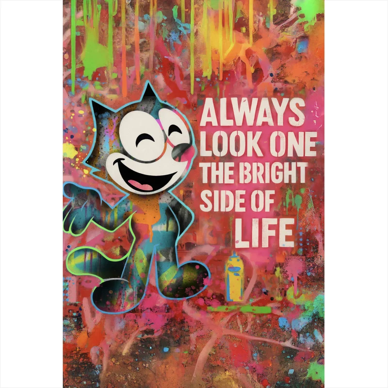 Leinwandbild Cartoon Katze mit buntem Farbspritzer Hintergrund Hochformat