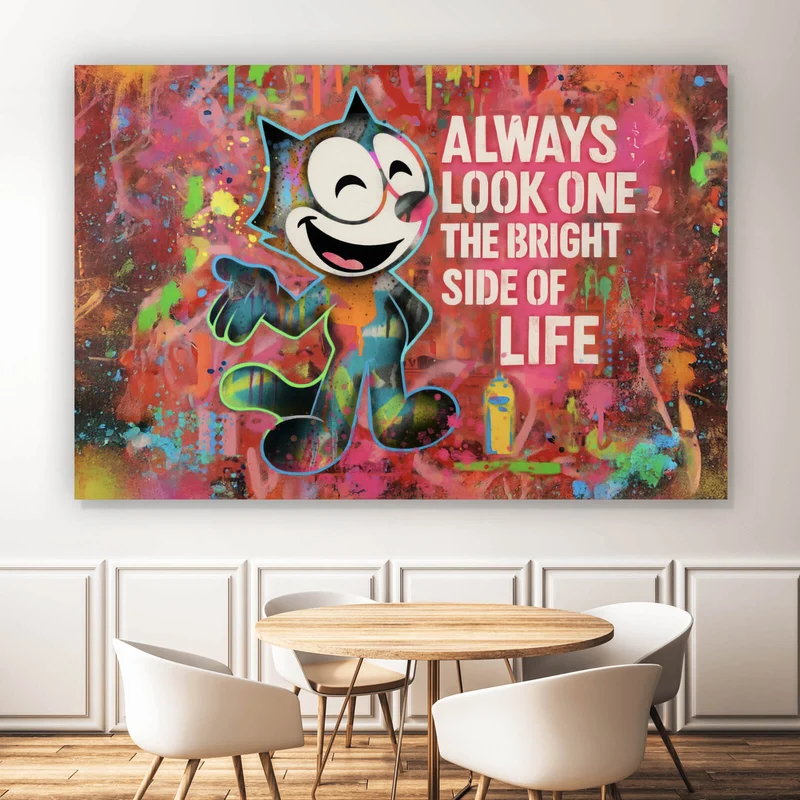 Leinwandbild Cartoon Katze mit buntem Farbspritzer Hintergrund Querformat