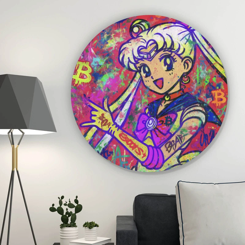 Aluminiumbild gebürstet Bitcoin buntes Pop Art to the Moon Kreis