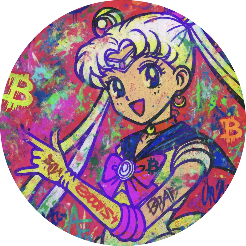 Aluminiumbild Bitcoin buntes Pop Art to the Moon Kreis
