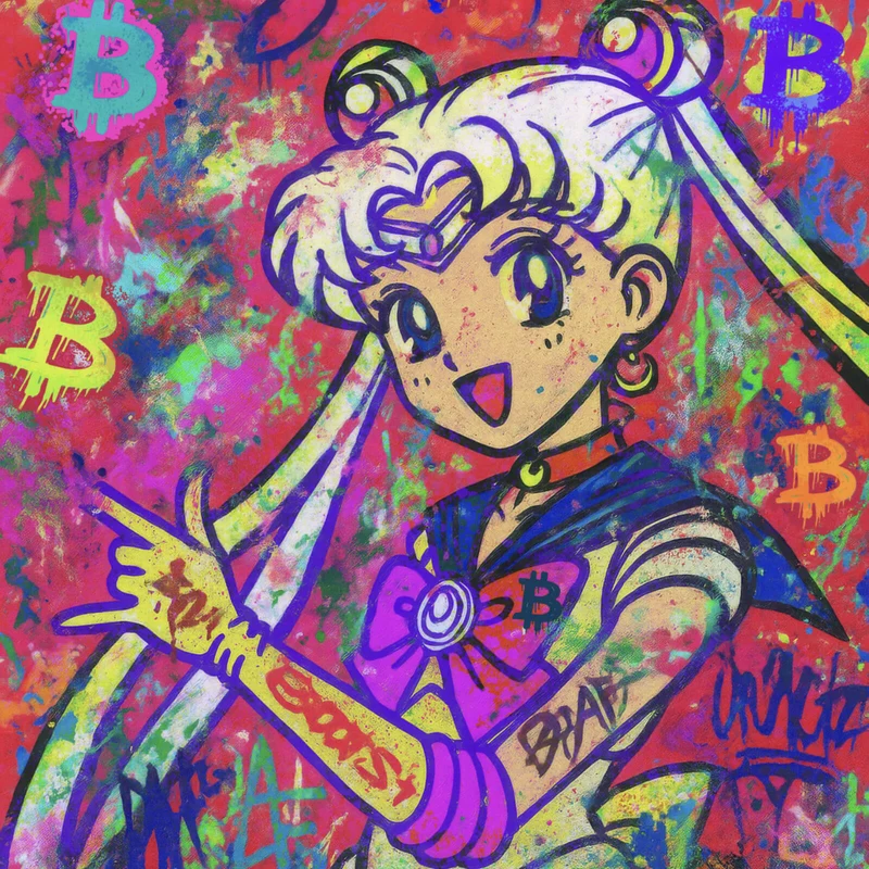 Aluminiumbild Bitcoin buntes Pop Art to the Moon Quadrat