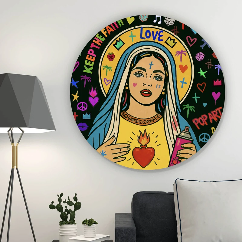 Aluminiumbild gebürstet Heilige Maria als buntes Pop Art Kreis
