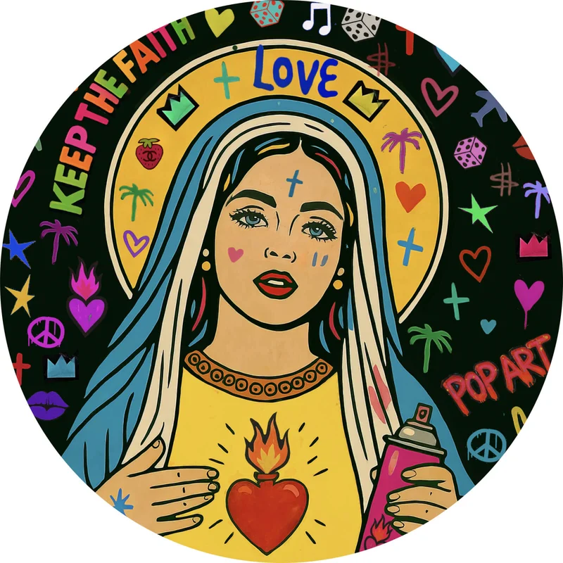 Aluminiumbild gebürstet Heilige Maria als buntes Pop Art Kreis