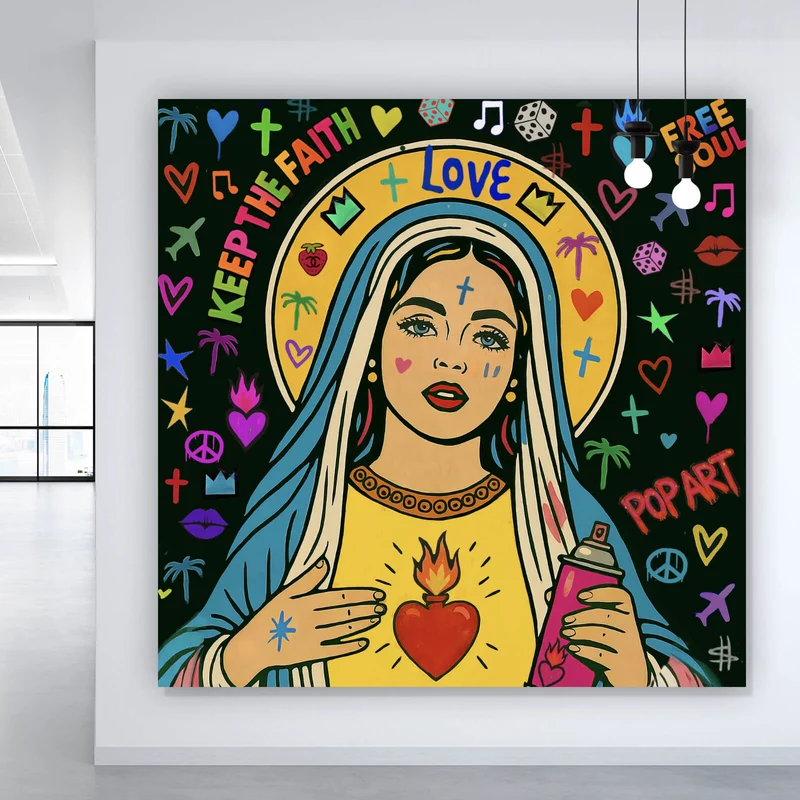 Acrylglasbild Heilige Maria als buntes Pop Art Quadrat