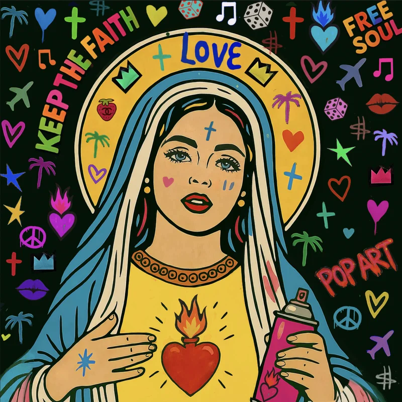 Aluminiumbild Heilige Maria als buntes Pop Art Quadrat