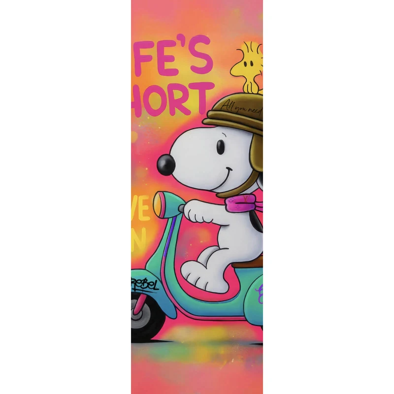 Spannrahmenbild Retro Cartoon Hund fährt Roller Pop Art Panorama Hoch