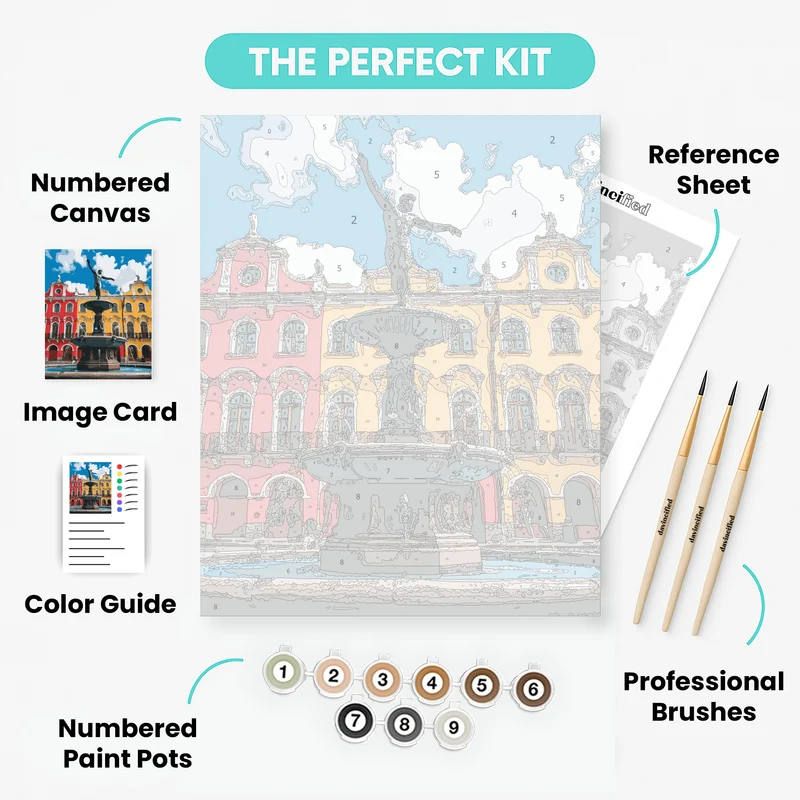 Historic European Square with Fountain - Paint by Numbers Kit
