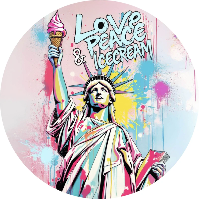 Aluminiumbild gebürstet Freiheitsstatue mit Ice Cream im Pop Art Stil Kreis