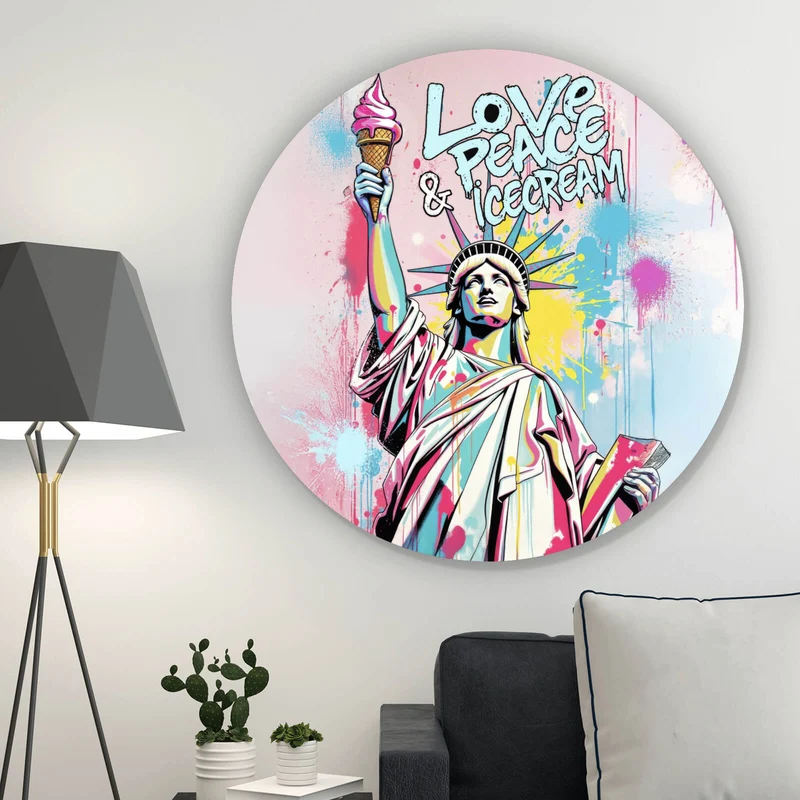 Aluminiumbild Freiheitsstatue mit Ice Cream im Pop Art Stil Kreis