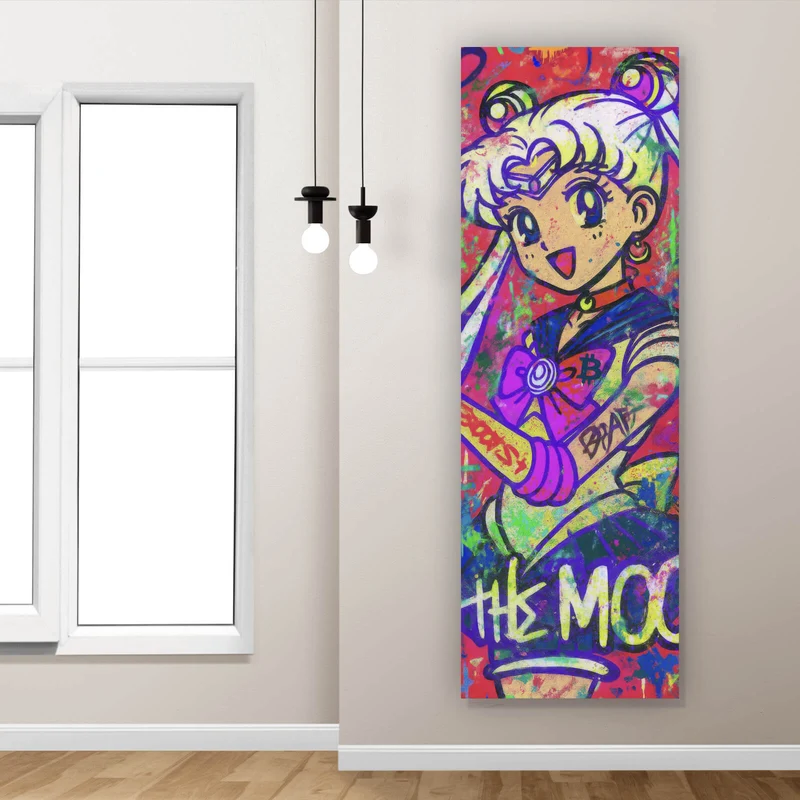 Aluminiumbild Bitcoin buntes Pop Art to the Moon Panorama Hoch