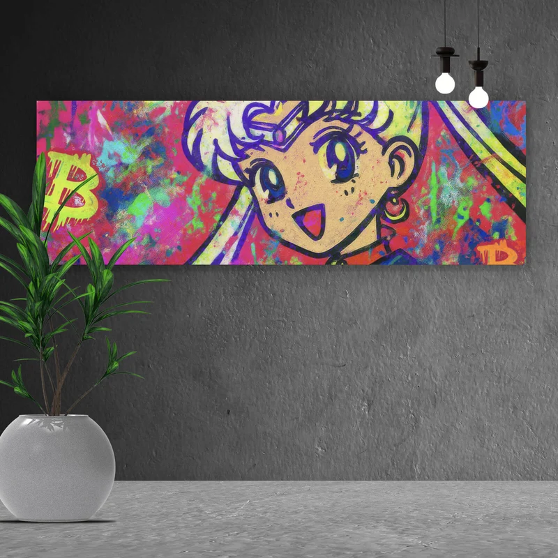 Spannrahmenbild Bitcoin buntes Pop Art to the Moon Panorama