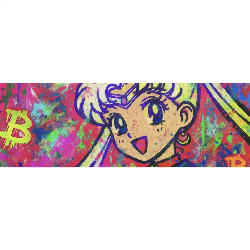 Acrylglasbild Bitcoin buntes Pop Art to the Moon Panorama