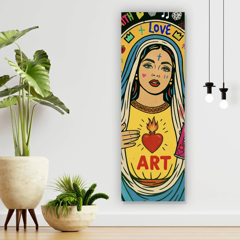 Acrylglasbild Heilige Maria als buntes Pop Art Panorama Hoch