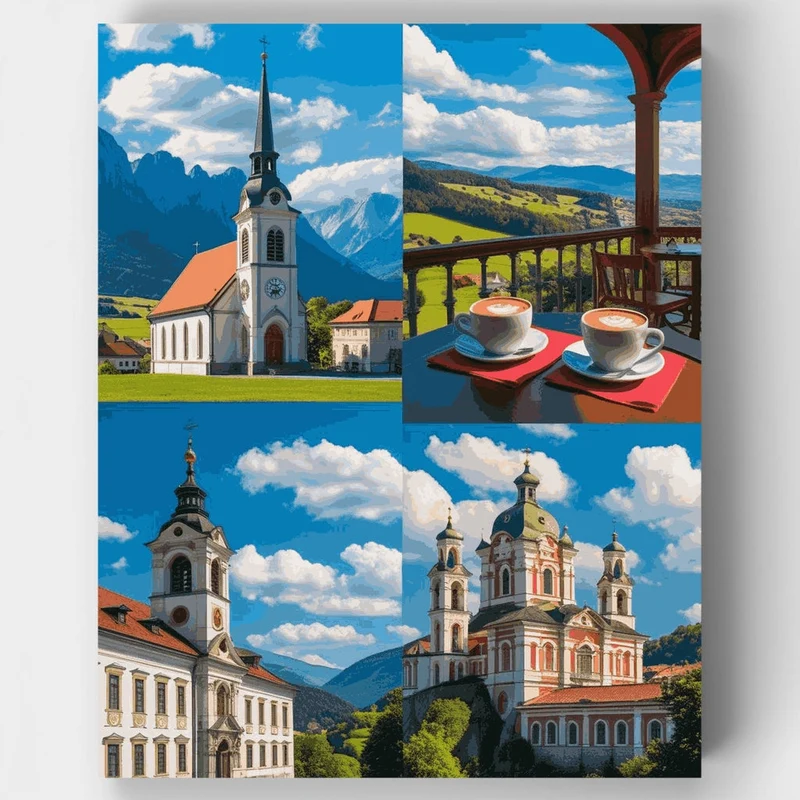 Austrian Alpine Churches and Coffee - Paint by Numbers Kit