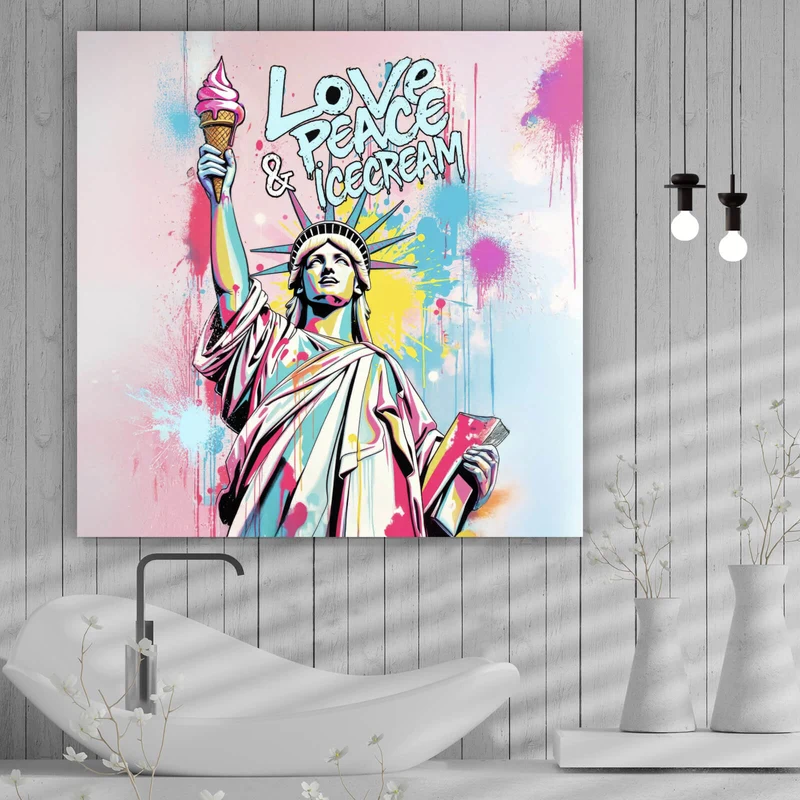 Aluminiumbild gebürstet Freiheitsstatue mit Ice Cream im Pop Art Stil Quadrat
