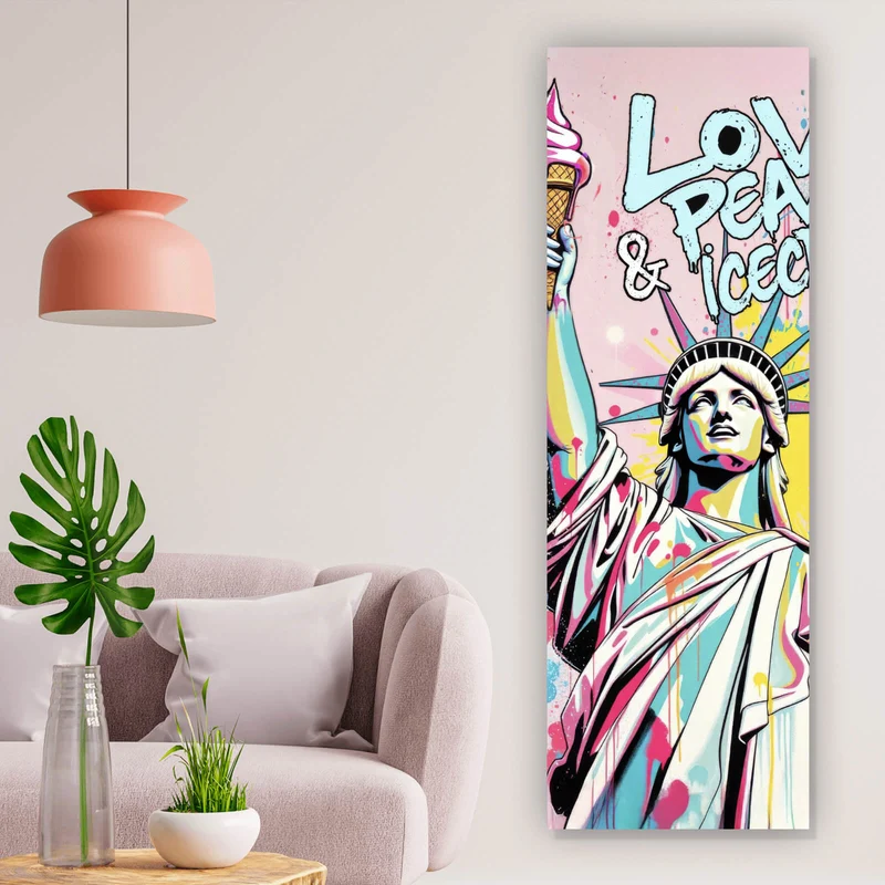 Aluminiumbild Freiheitsstatue mit Ice Cream im Pop Art Stil Panorama Hoch