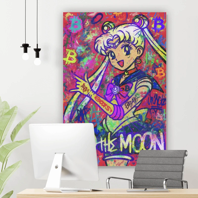 Acrylglasbild Bitcoin buntes Pop Art to the Moon Hochformat