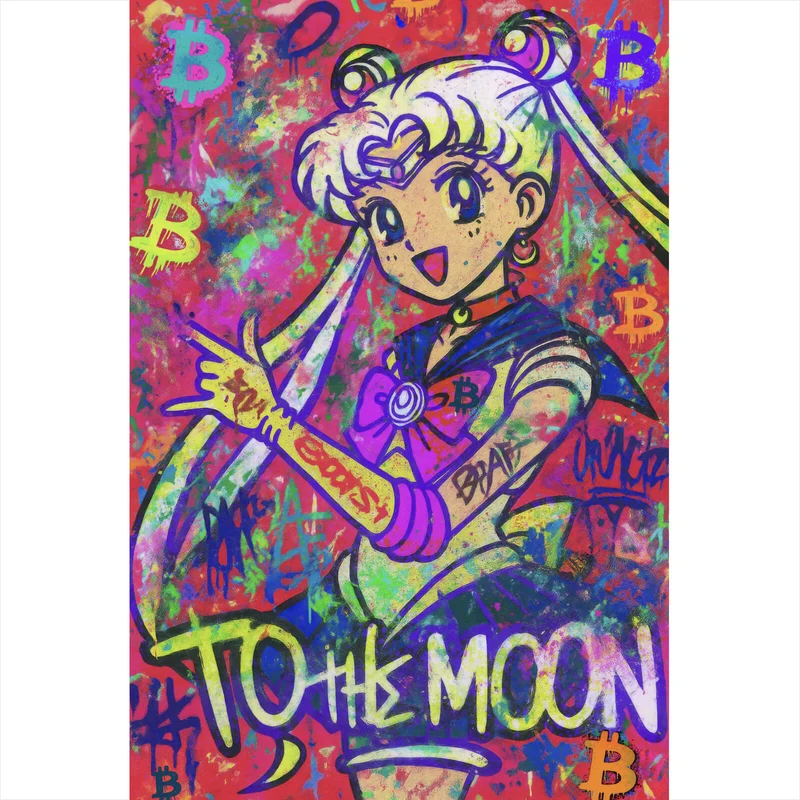 Leinwandbild Bitcoin buntes Pop Art to the Moon Hochformat