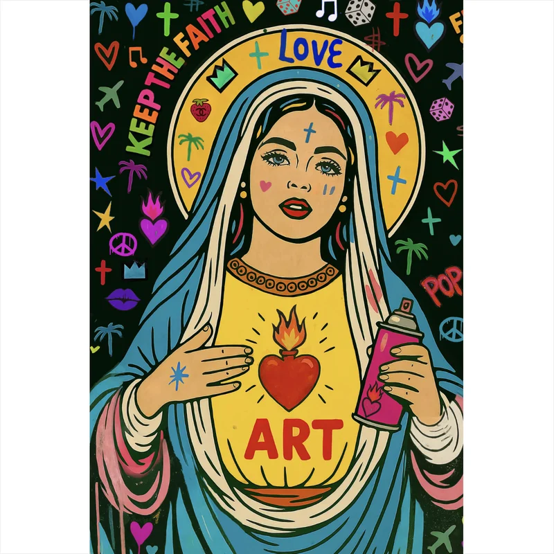 Acrylglasbild Heilige Maria als buntes Pop Art Hochformat