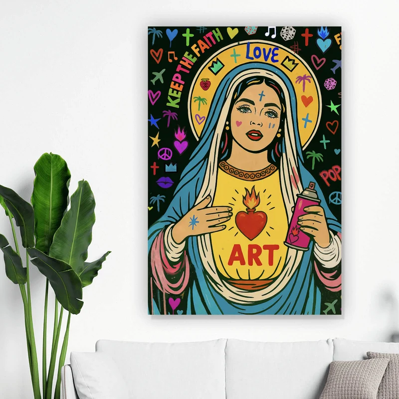 Leinwandbild Heilige Maria als buntes Pop Art Hochformat