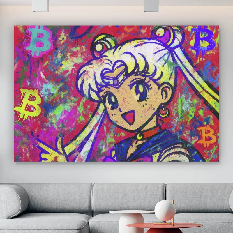 Spannrahmenbild Bitcoin buntes Pop Art to the Moon Querformat