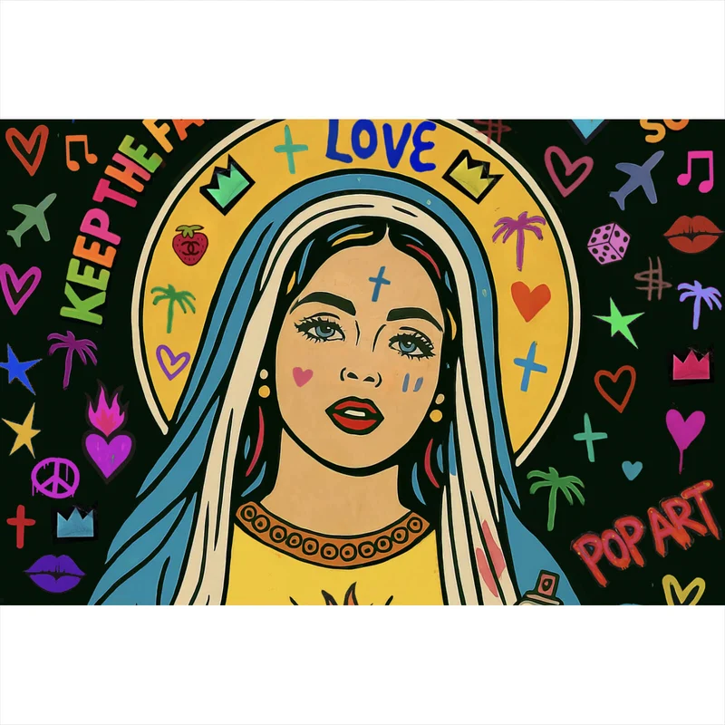 Aluminiumbild gebürstet Heilige Maria als buntes Pop Art Querformat