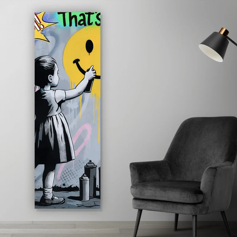 Poster Fröhliches Graffiti mit lachendem Gesicht und Kindern Panorama Hoch