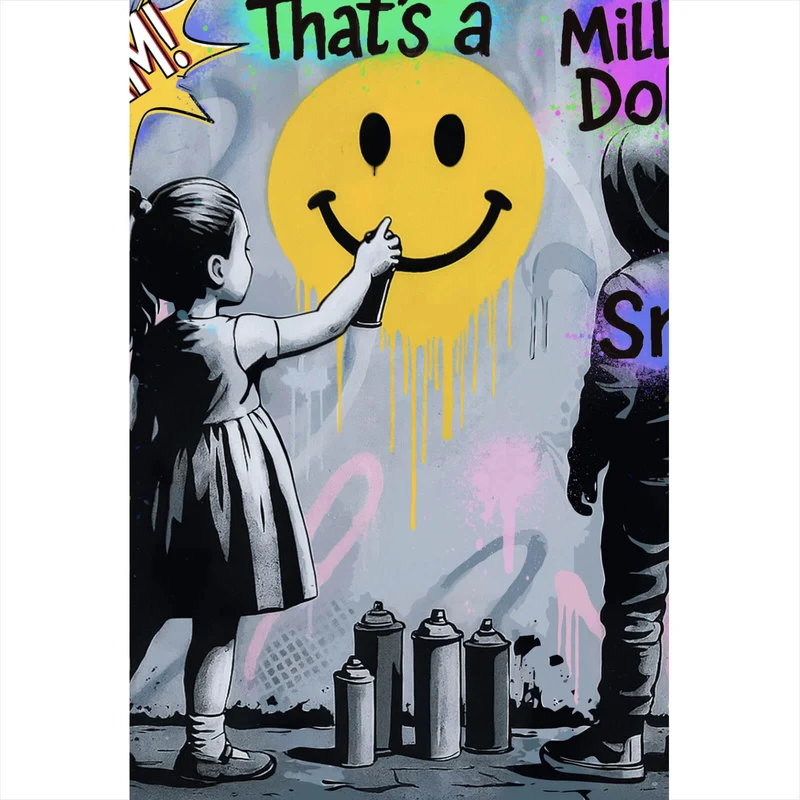 Spannrahmenbild Fröhliches Graffiti mit lachendem Gesicht und Kindern Hochformat