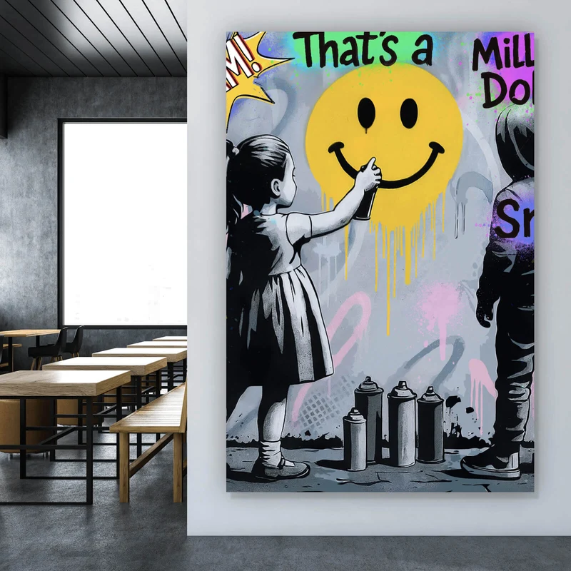 Acrylglasbild Fröhliches Graffiti mit lachendem Gesicht und Kindern Hochformat