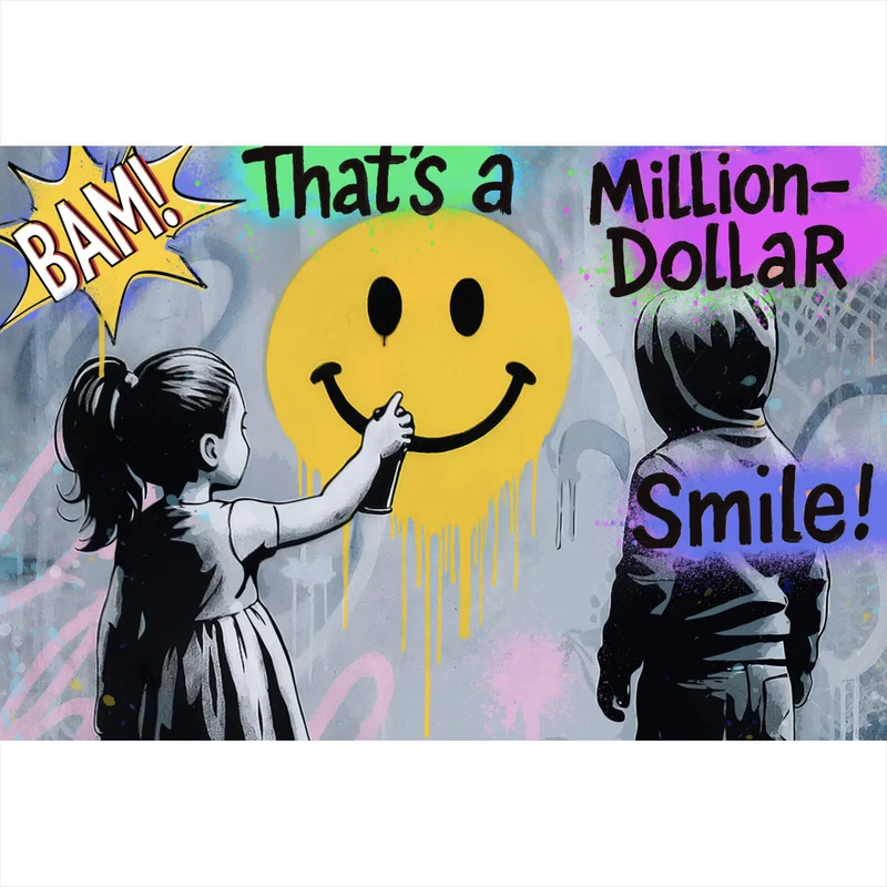 Spannrahmenbild Fröhliches Graffiti mit lachendem Gesicht und Kindern Querformat