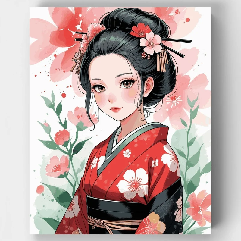 Japanese Geisha with Cherry Blossoms - Paint by Numbers Kit