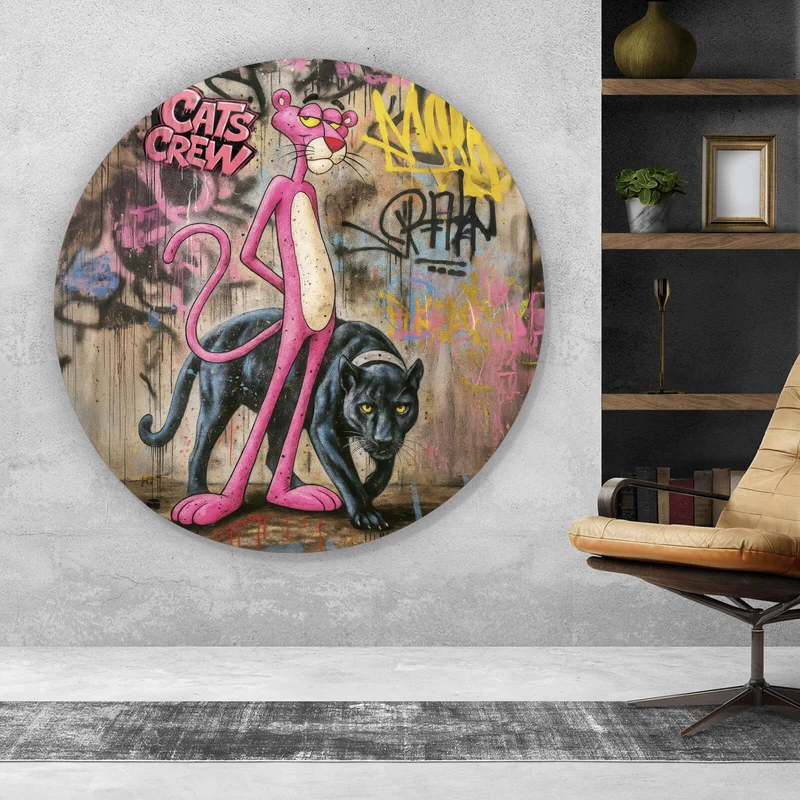 Aluminiumbild Catscrew zwei Panther im Street Art Stil Kreis