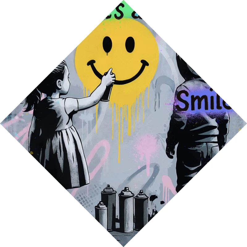 Spannrahmenbild Fröhliches Graffiti mit lachendem Gesicht und Kindern Raute