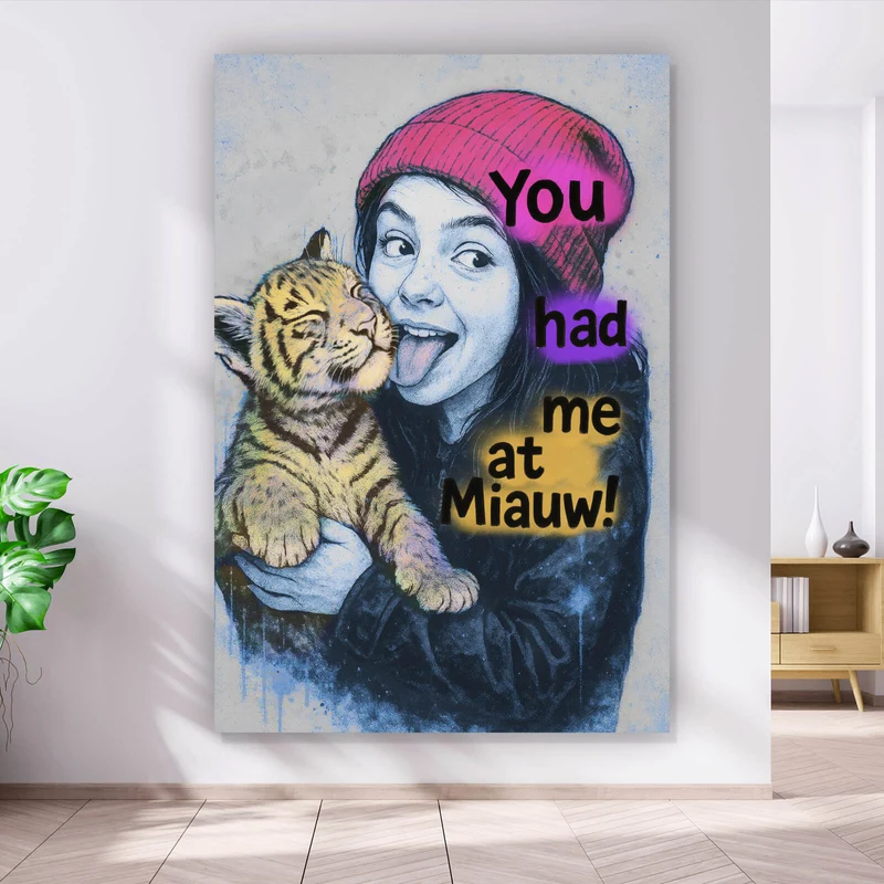 Acrylglasbild Jugendliches Mädchen mit einem Tigerjungen Street Art Hochformat