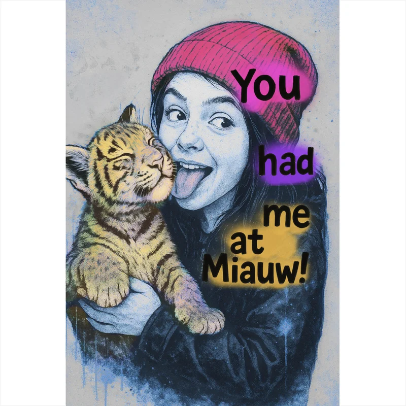 Leinwandbild Jugendliches Mädchen mit einem Tigerjungen Street Art Hochformat