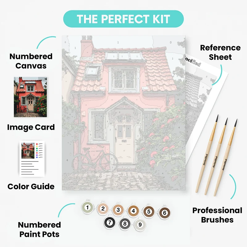 Charming Red Cottage with Bicycle - Paint by Numbers Kit