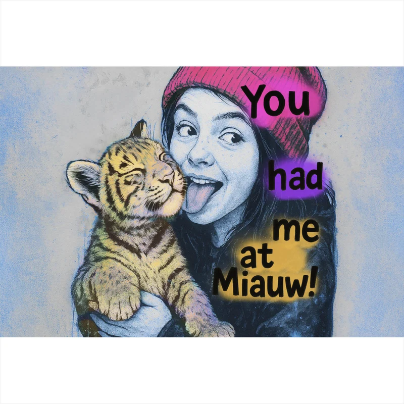 Spannrahmenbild Jugendliches Mädchen mit einem Tigerjungen Street Art Querformat