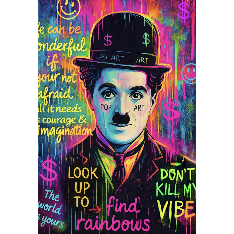 Acrylglasbild Charlie Chaplin Neon Pop Art Hochformat
