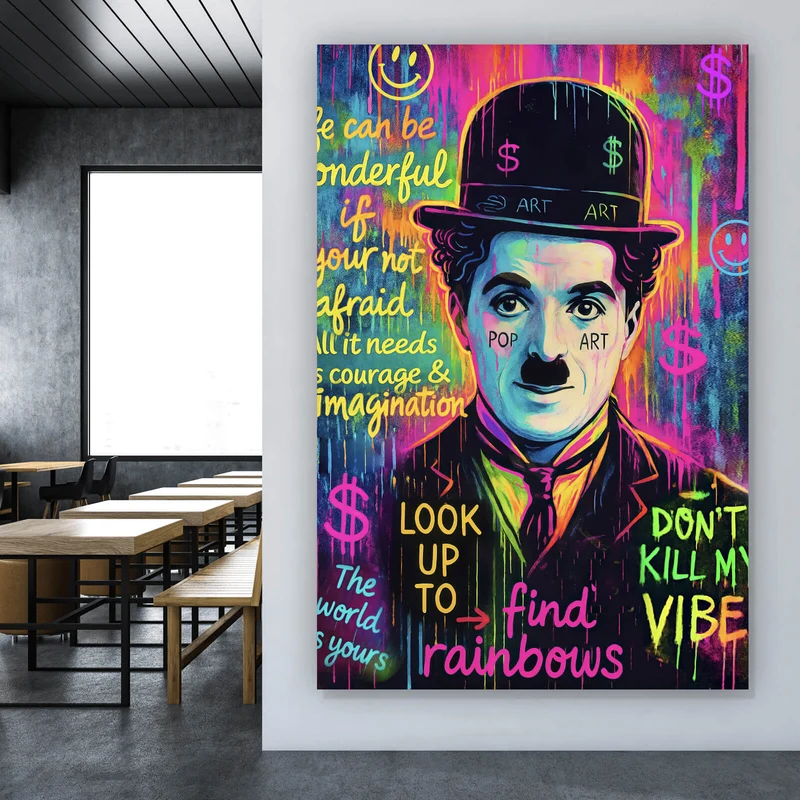 Aluminiumbild gebürstet Charlie Chaplin Neon Pop Art Hochformat