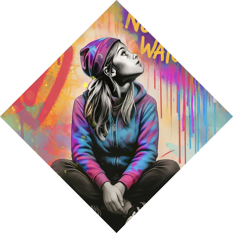 Spannrahmenbild Junge Frau vor Graffiti Hintergrund Raute