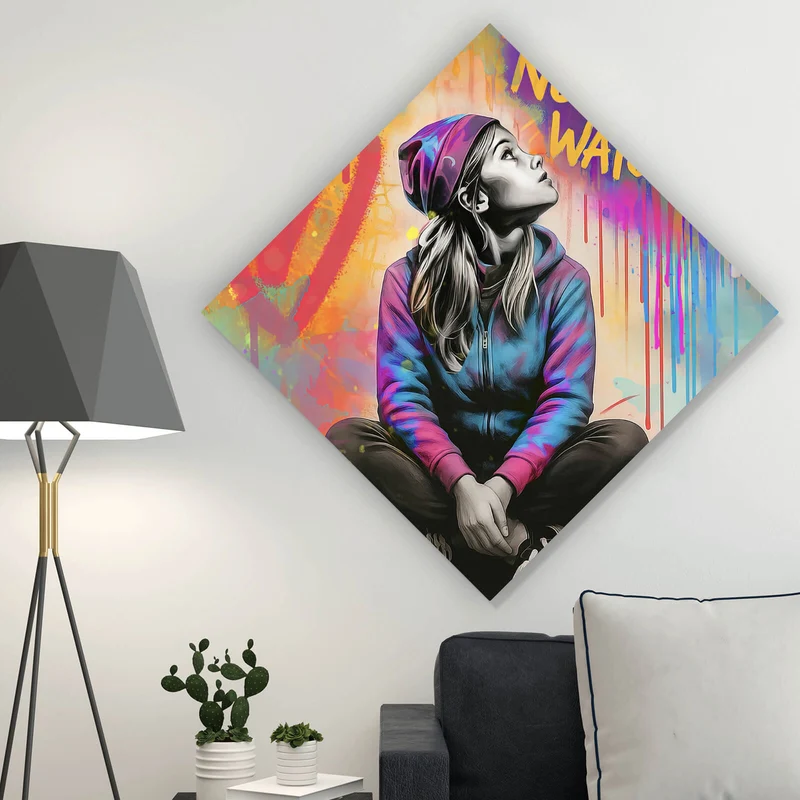Acrylglasbild Junge Frau vor Graffiti Hintergrund Raute
