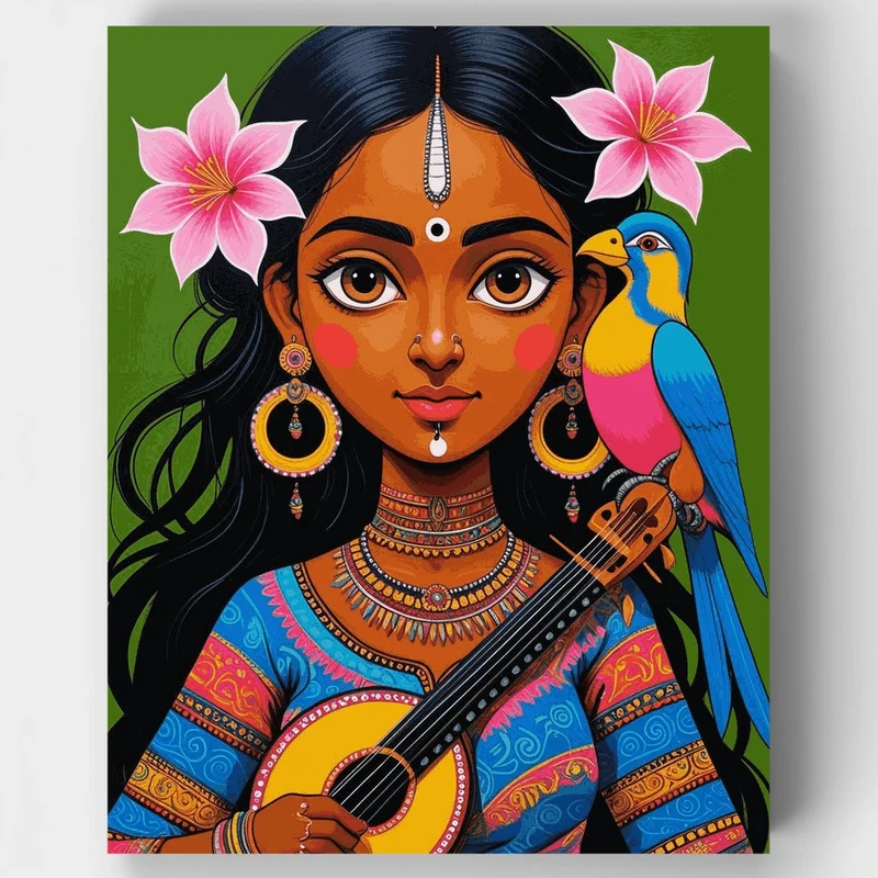 Indian Woman with Parrot - Paint by Numbers Kit
