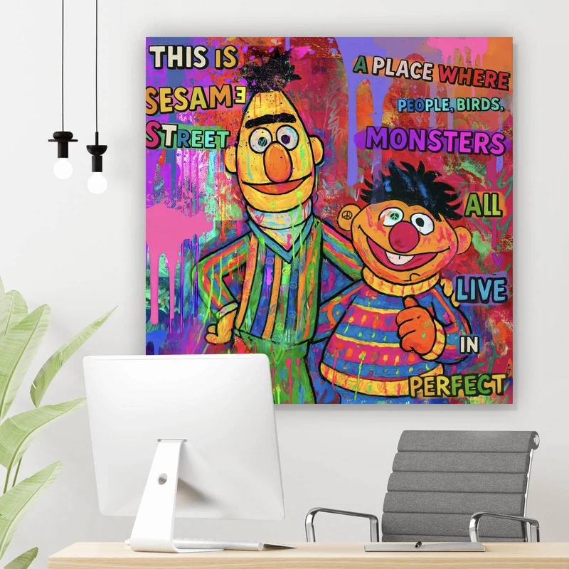Aluminiumbild gebürstet Berühmte Figuren einer Kinder Fernsehserie Pop Art Quadrat