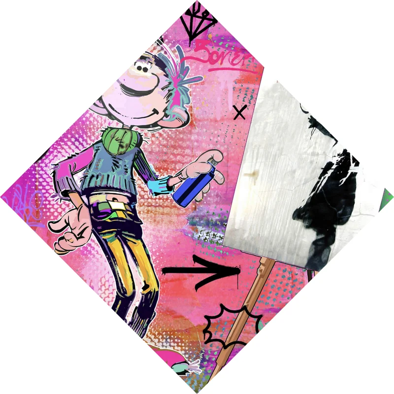 Aluminiumbild Comicfigur mit Spraydose im Graffiti Stil Raute