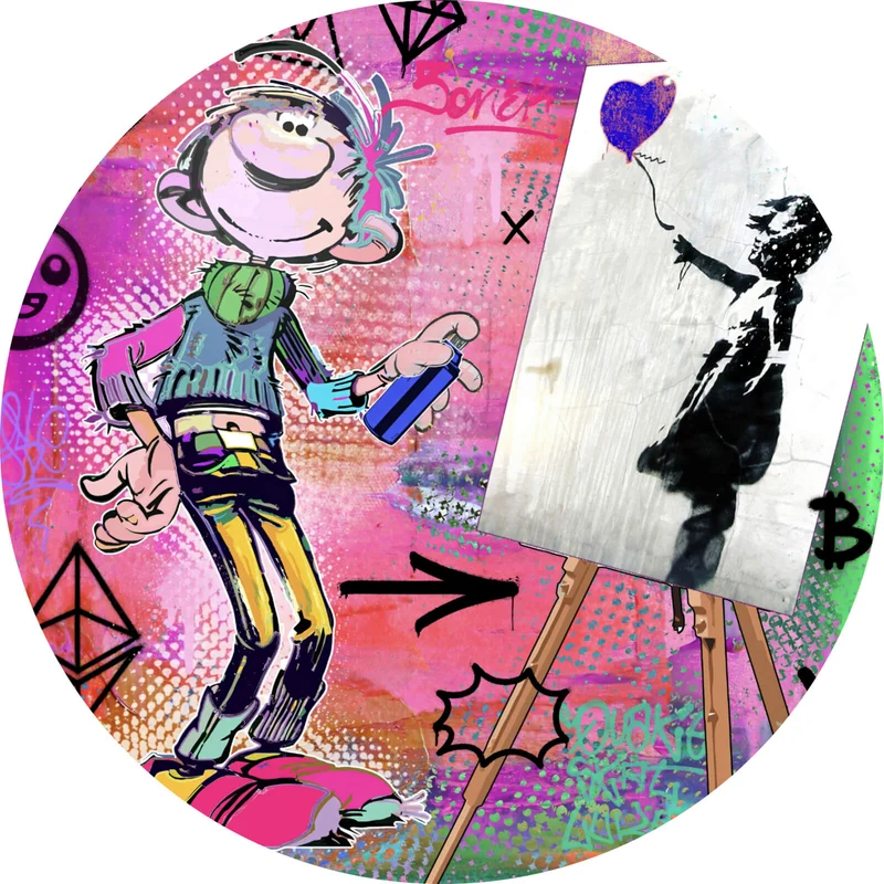Aluminiumbild gebürstet Comicfigur mit Spraydose im Graffiti Stil Kreis