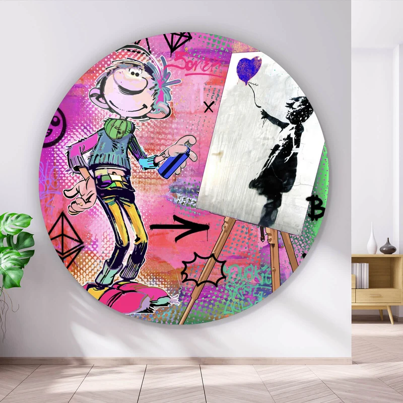Aluminiumbild Comicfigur mit Spraydose im Graffiti Stil Kreis